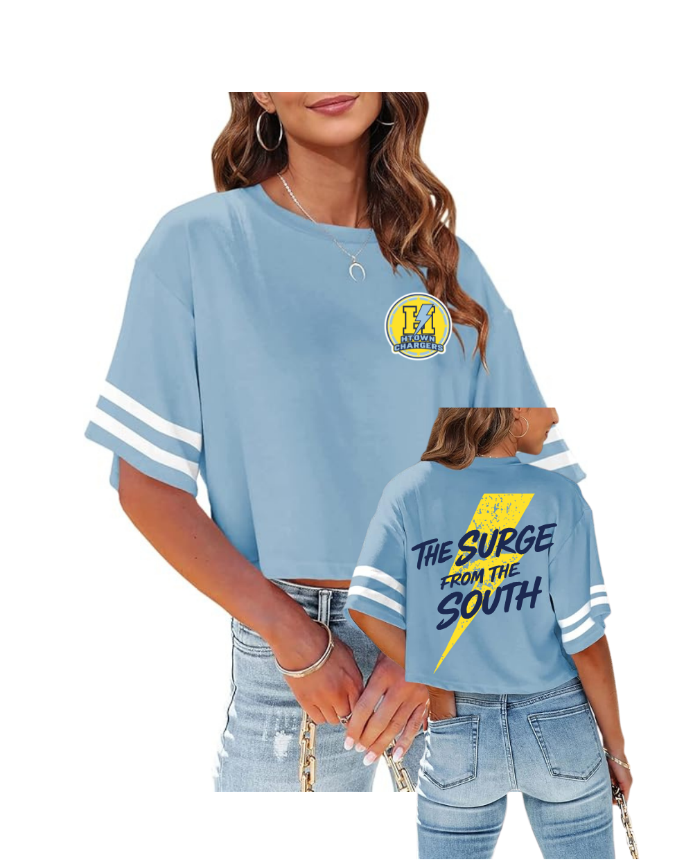 HTown Chargers Football & Cheer -Chargers Surge of the South  Ladies Crop Tee   - Carolina Blue