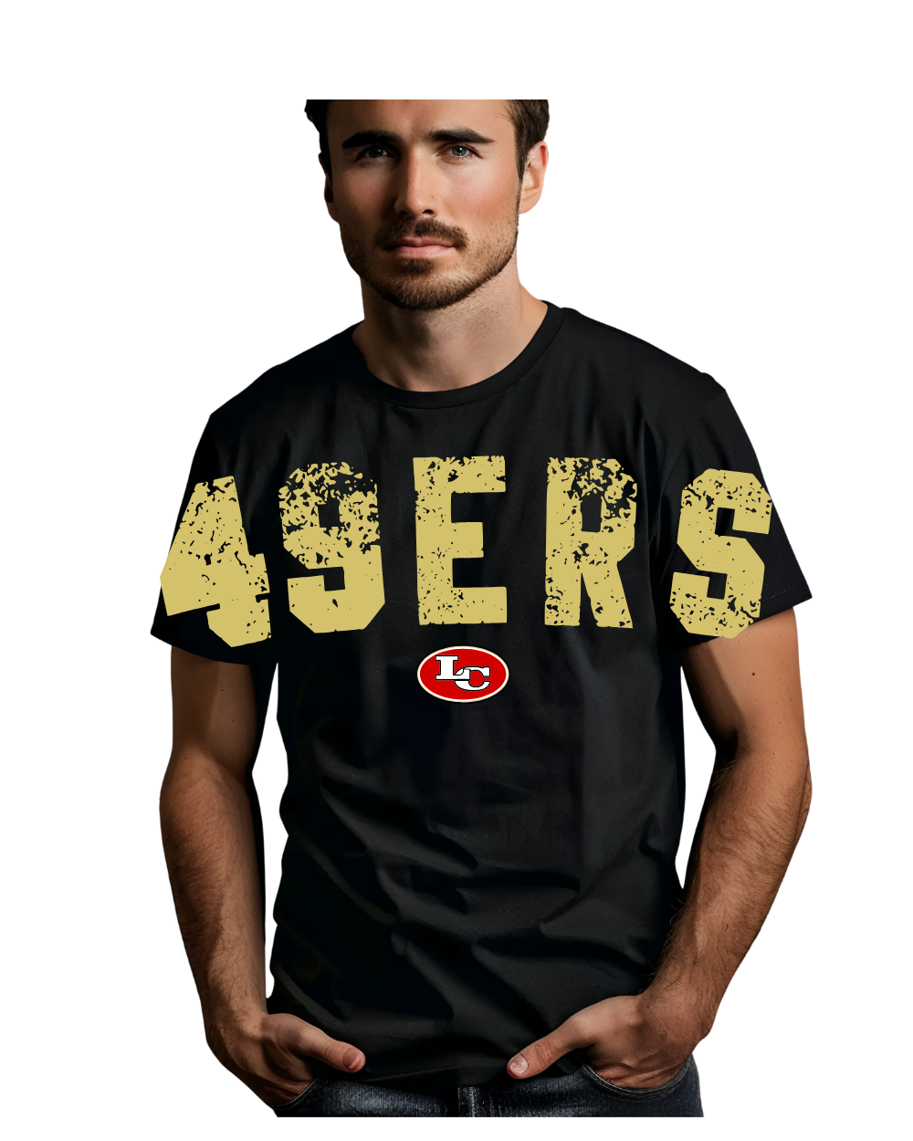 League City 49ers- Distressed Oversized Print 49ers Cotton Blend Tee- Black