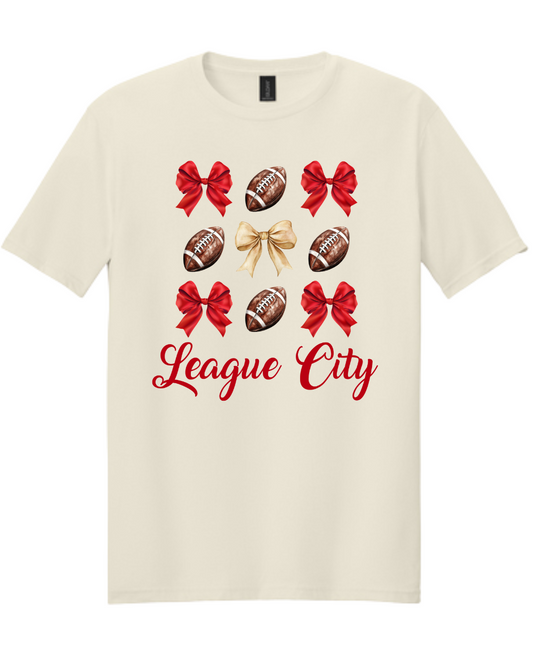 League City 49ers- Niners Bows & Football Cotton Blend Tee- Vegas Gold