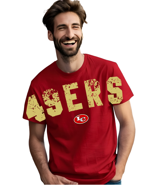 League City 49ers- Distressed Oversized Print 49ers Cotton Blend Tee- Red