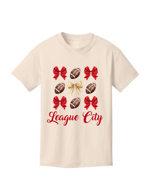 League City 49ers- Niners Bows & Football Youth Cotton Tee- Natural
