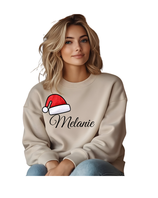 Christmas- Embroidered Fur Applique Santa Hat Name Sweatshirt