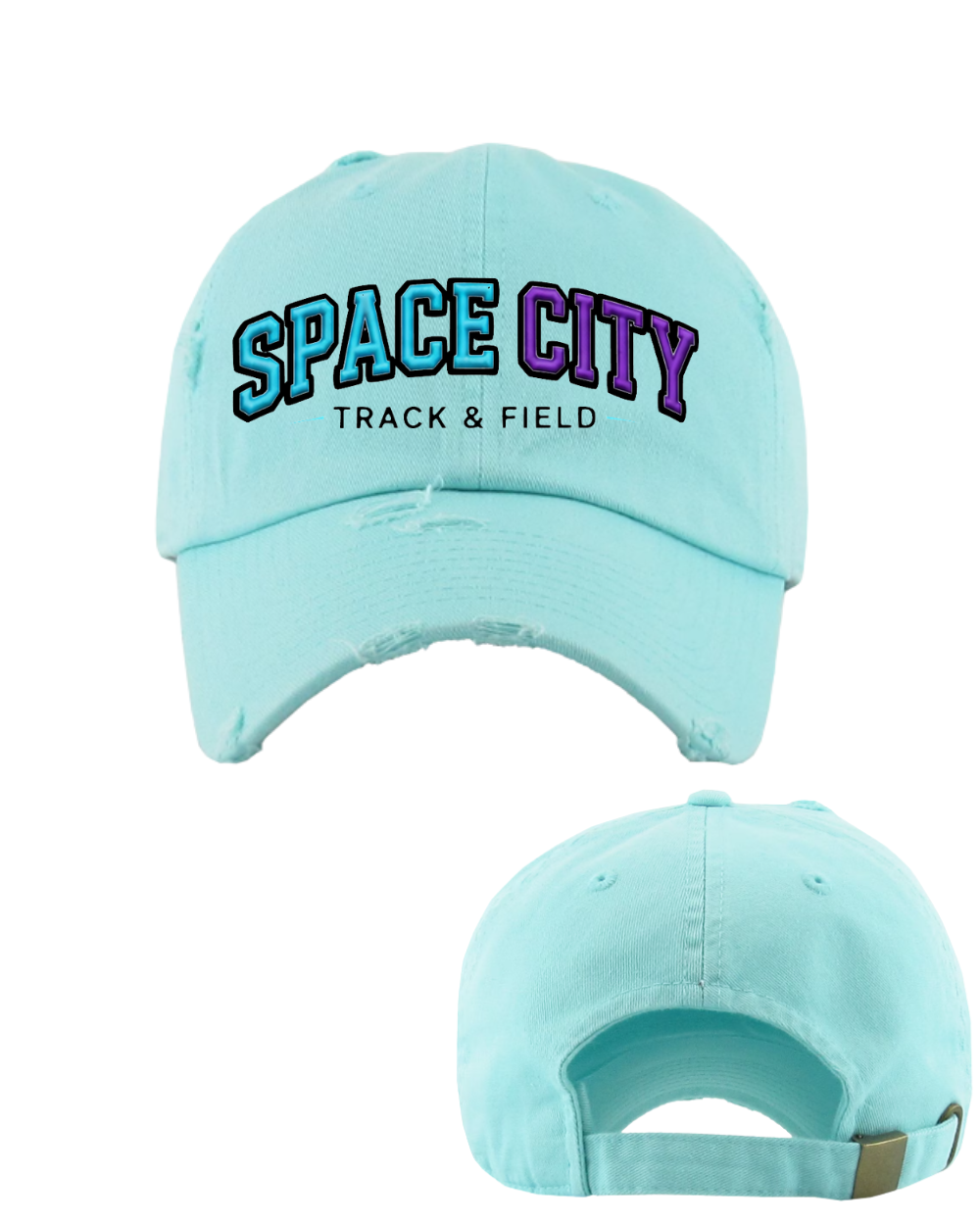 Space City Track & Field -Space City Embroidered Distressed Dad Hat - Aqua
