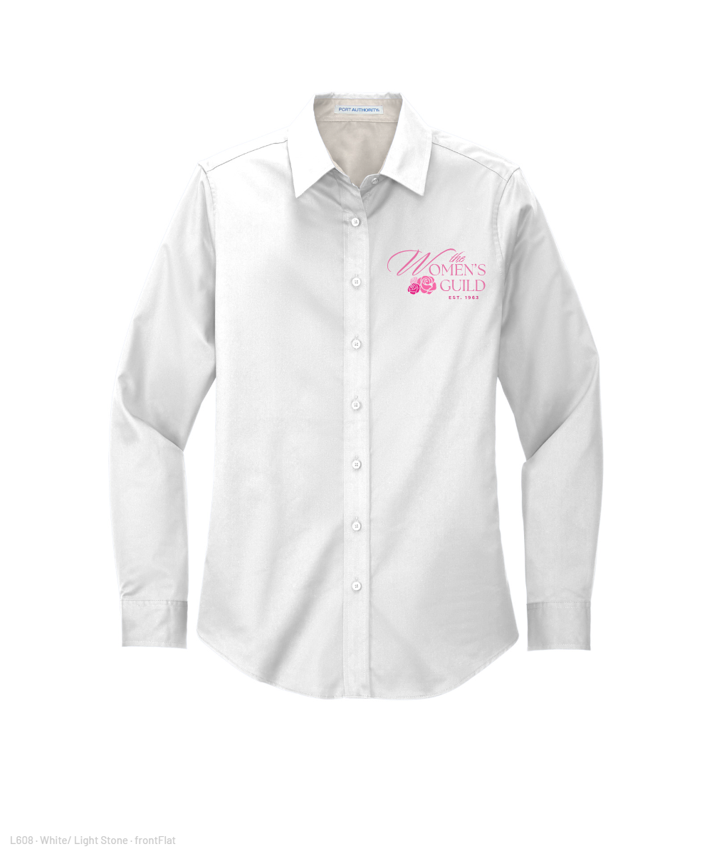 The Women's Guild- Embroidered Women's Long Sleeve Easy Care Button Down - White/ Light Stone