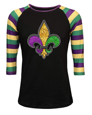 Mardi Gras Black Striped Raglan-Rhinestone Fleur de Lis