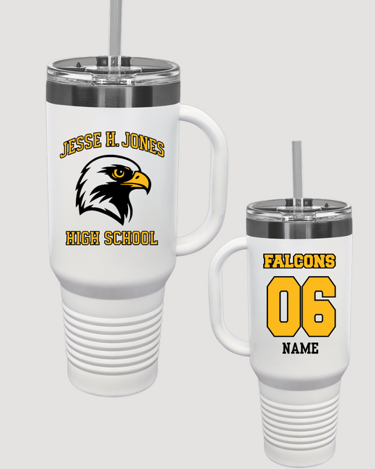 Jesse H Jones High School- Insulated 40 oz White Polar Camel  Travel Mug with Handle & Straw