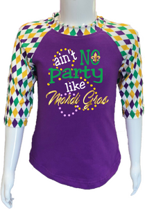 Harlequin Mardi Gras  Raglan- Ain't No Party Like Mardi Gras