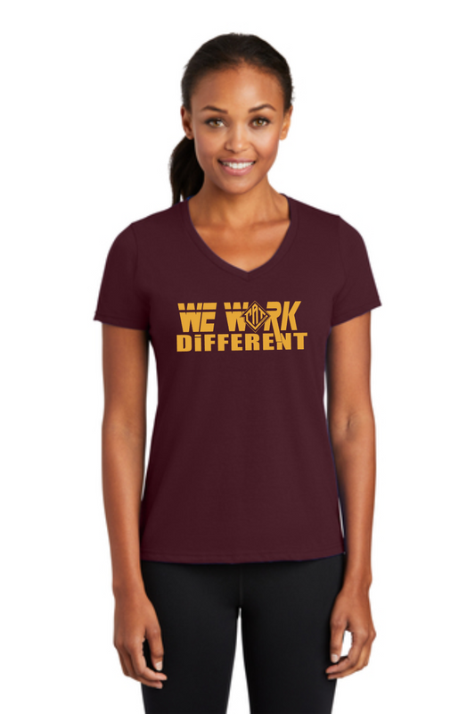 Cat Takeover- Maroon Ladies Vneck- We Work Different