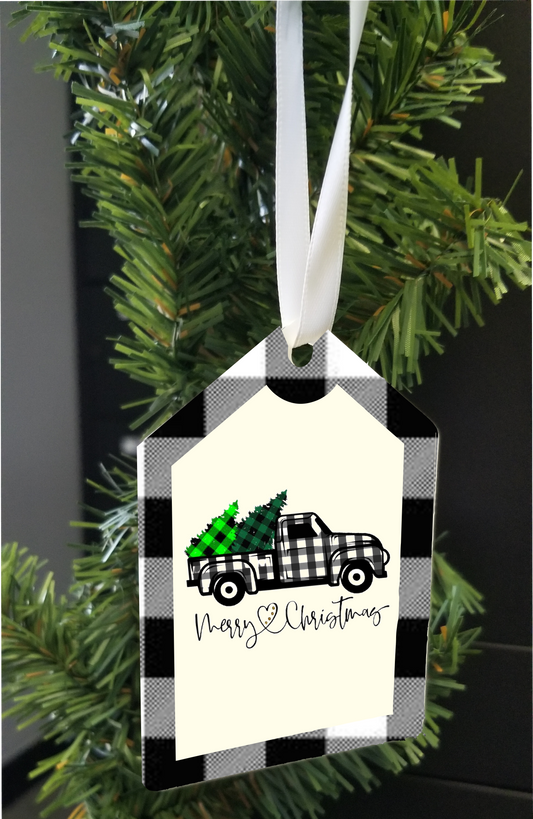 Plaid  Holiday Ornament-  Black/White Plaid Truck