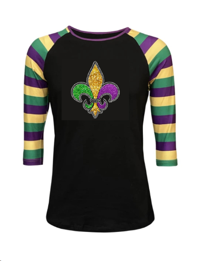 Mardi Gras Black Striped Raglan-Rhinestone Fleur de Lis