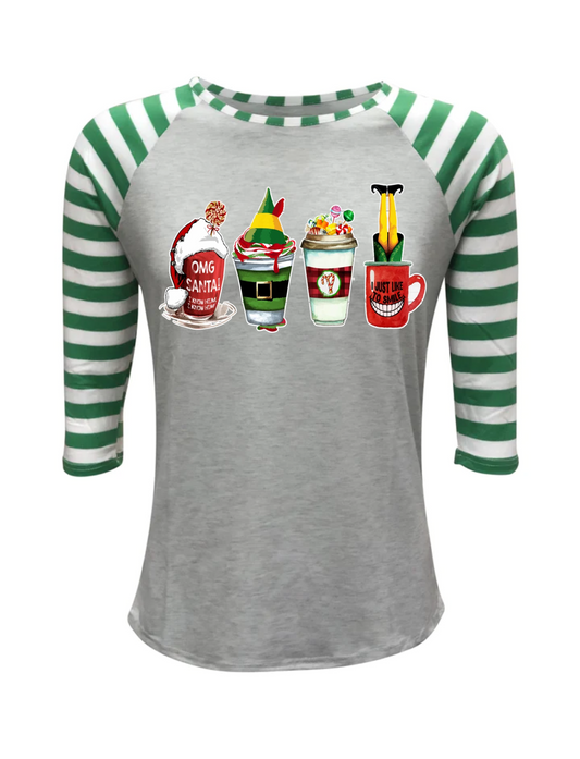 Green Candy Cane Striped Raglan- Elf Coffee Cup