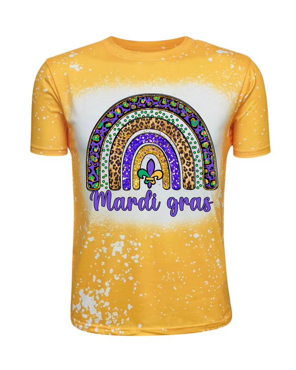 Mardi Gras -Mardi Gras Rainbow- Faux bleach Yellow Cheetah Print Tee