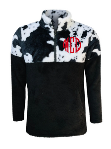 Colorblock  Black Cow Print Sherpa Pullover Jacket